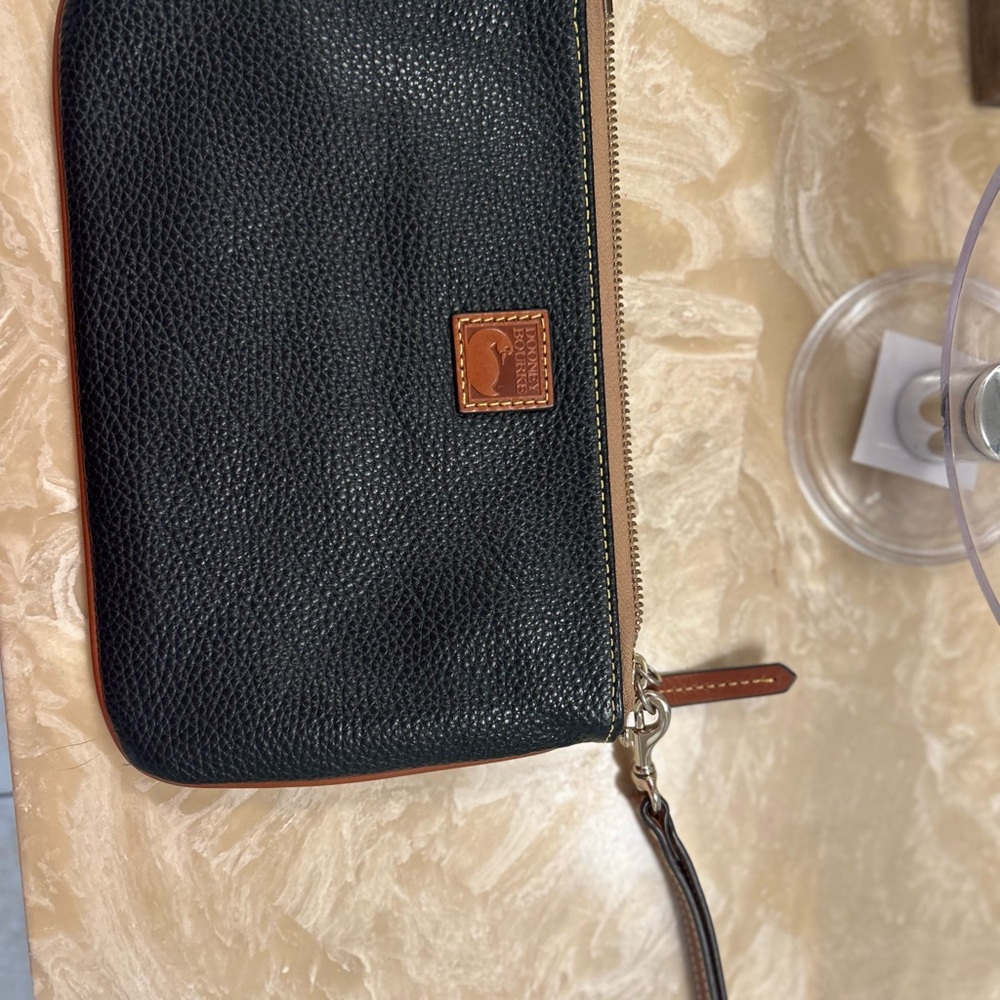 Dooney & Bourke Black Pebbled Leather Wristlet with Tan Trim